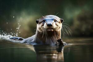 un' vivace lontra in mostra nel vivace paesaggi acquatici. creativo risorsa, ai generato foto