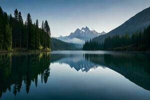 un' nuvolosità assicurato montagna lago con sempreverde alberi riflessa su suo scintillante superficie. ai generato foto