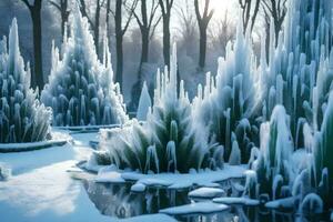 un' botanico rendere cambiato di inverno, con impostato sorgenti e impianti illuminato con Ghiaccio. creativo risorsa, ai generato foto