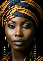 ritratto di molto bellissimo donna con tradizionale africano turbante su sua testa. ai generato foto