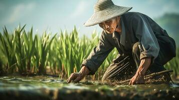 asiatico contadino raccolta Riso. ai generato foto