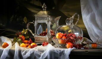 casa interno decorazione con galleggiante tenda, frutta e fiore disposizioni. ancora vita volta. ai generato foto