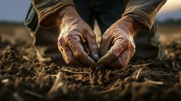 contadino mani piantare semi. agricoltura concetto. ai generato foto