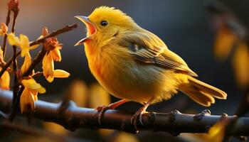 piccolo uccello perching su ramo, cantando suo bellissimo primavera canzone generato di ai foto