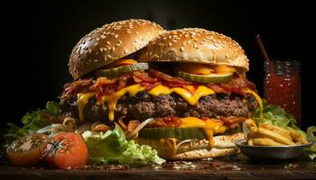 grigliato buongustaio hamburger con formaggio, pomodoro, cipolla su sesamo ciambella generato di ai foto