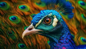 un' vivace pavone viene visualizzato suo maestoso bellezza nel natura eleganza generato di ai foto