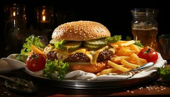 un' buongustaio grigliato hamburger con fresco carne, formaggio, e patatine fritte generato di ai foto