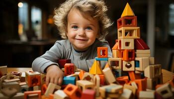 sorridente bambino giocando con giocattolo, carino e allegro in casa generato di ai foto