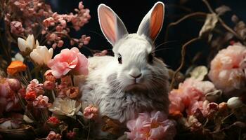 carino soffice coniglio seduta nel erba, circondato di rosa fiori generato di ai foto