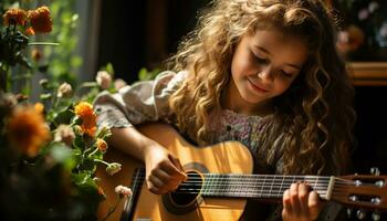 un' carino biondo ragazza giocando chitarra, godendo il musica all'aperto generato di ai foto