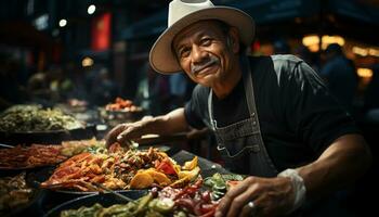 sorridente uomo vendita fresco verdure a il mercato, cucinando frutti di mare generato di ai foto