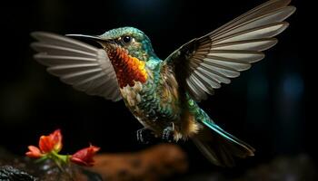 colibrì volare, diffusione Ali, bellezza nel natura, vivace colori generato di ai foto