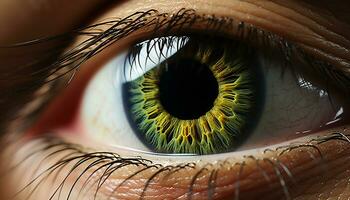 verde con gli occhi donna fissando, sua iris un' vivace natura riflessione generato di ai foto