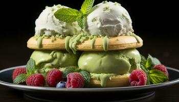 un' buongustaio dolce piatto con fresco frutta, cioccolato, e frustato crema generato di ai foto