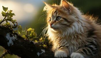 carino gattino seduta su erba, fissando con curiosità a telecamera generato di ai foto