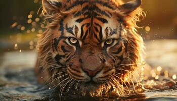 maestoso tigre fissando, pelliccia bagnato, nel tranquillo foresta a tramonto generato di ai foto