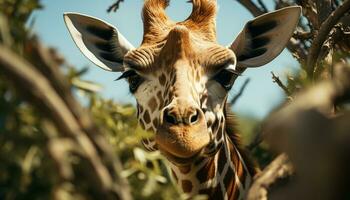 giraffa nel il selvaggio, guardare carino, circondato di verde savana generato di ai foto