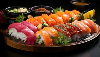 freschezza su un' piatto frutti di mare, sashimi, nigiri, maki Sushi, riso generato di ai foto