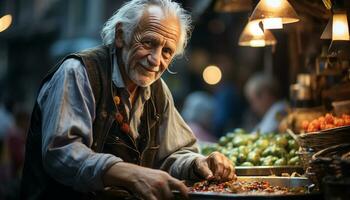 sorridente anziano uomo Tenere frutta, godendo la pensione nel autunno città generato di ai foto