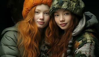 Due giovane donne, caucasico, sorridente, guardare a telecamera, trasudante bellezza generato di ai foto