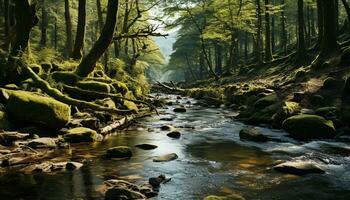 tranquillo scena di un' bagnato autunno foresta, fluente acqua, e verde fogliame generato di ai foto