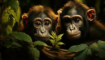carino giovane scimmia nel tropicale foresta pluviale, fissando a il telecamera generato di ai foto
