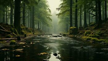 tranquillo scena nebbioso foresta, bagnato foglie, riflettendo autunno bellezza generato di ai foto