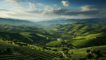 tranquillo prato, verde vigneto, tramonto al di sopra di montagne, idilliaco rurale scena generato di ai foto