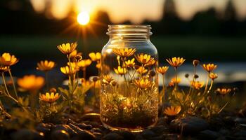 tramonto prato, fresco fiori nel un' bicchiere barattolo, natura bellezza generato di ai foto