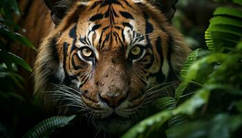 Bengala tigre, maestoso bellezza nel natura, fissando, gatto selvatico, tropicale foresta pluviale generato di ai foto