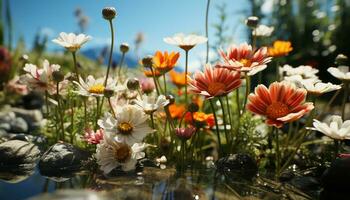 vivace camomilla fiori decorare tranquillo prato nel estate paesaggio generato di ai foto