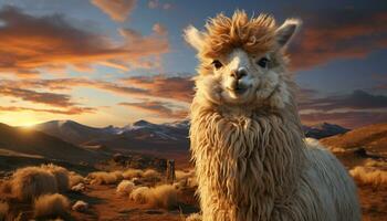 un' soffice alpaca sfiora nel il prato, bagnata nel tramonto generato di ai foto