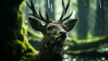 un' carino cervo nel il foresta, suo occhi focalizzata su me generato di ai foto
