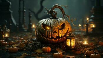 spaventoso zucca lanterna si illumina nel il buio autunno notte generato di ai foto