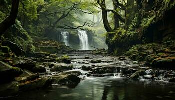 un' lussureggiante tropicale foresta pluviale, fluente acqua, e verde fogliame creare bellezza generato di ai foto