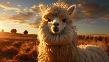 un' carino alpaca sfiora nel il prato, bagnata nel luce del sole generato di ai foto