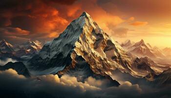 maestoso montagna picco, neve tappato, tramonto vernici drammatico cielo generato di ai foto