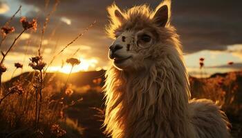 un' soffice alpaca sfiora nel il prato a tramonto generato di ai foto