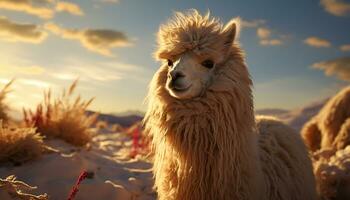 un' carino alpaca sguardi a il tramonto nel il montagne generato di ai foto