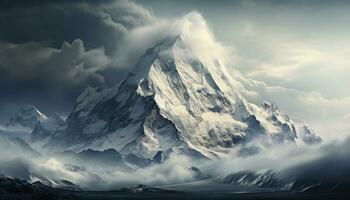 maestoso montagna picco, Innevato e gelido, sotto drammatico cielo generato di ai foto