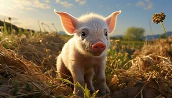 un' carino maialino pascolo su un' verde prato nel estate generato di ai foto