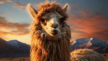 un' maestoso alpaca sguardi a il tramonto nel il montagne generato di ai foto