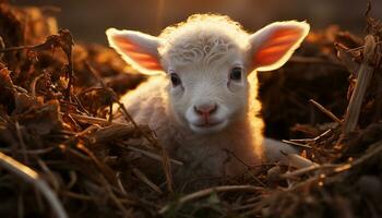 un' carino giovane agnello sfiora nel il prato a tramonto generato di ai foto