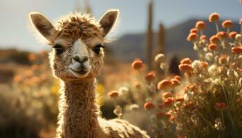 carino alpaca pascolo su erba, guardare a telecamera nel tramonto generato di ai foto