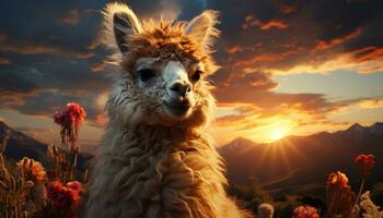 un' carino alpaca sorrisi, pascolo nel il montagna prato a tramonto generato di ai foto