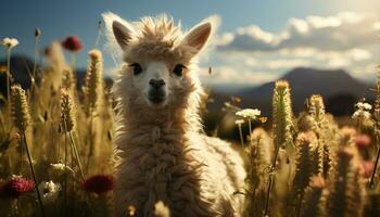 un' soffice alpaca sfiora nel il prato, godendo il tramonto generato di ai foto