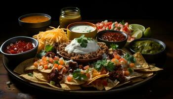 freschezza e Spezia nel un' salato guacamole taco tuffo pasto generato di ai foto