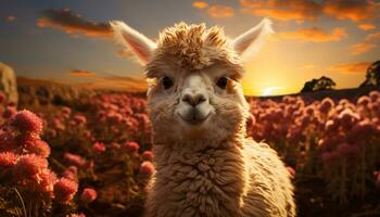 un' carino alpaca sfiora nel il prato, godendo il tramonto generato di ai foto