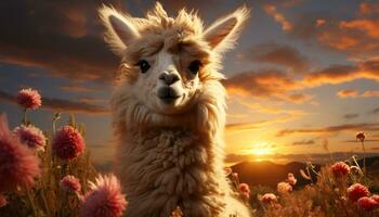 carino alpaca sorrisi, godendo il tramonto su un' rurale azienda agricola generato di ai foto