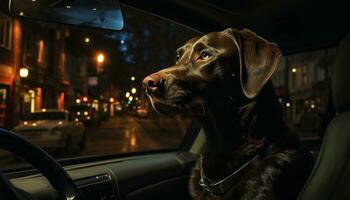 carino cucciolo seduta nel macchina, guardare a città luci generato di ai foto
